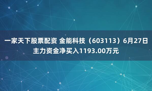 一家天下股票配资 金能科技（603113）6月27日主力资金净买入1193.00万元