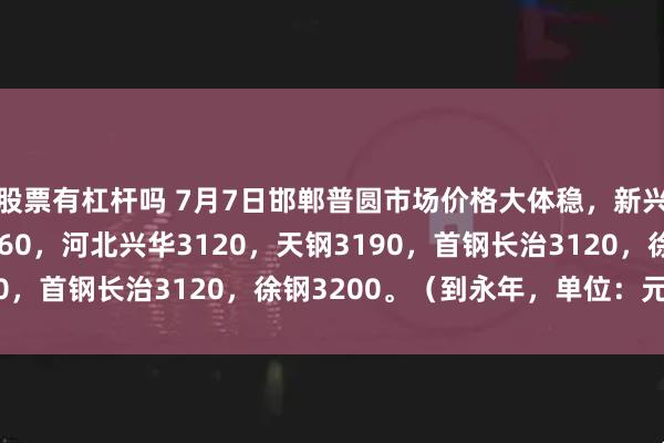 股票有杠杆吗 7月7日邯郸普圆市场价格大体稳，新兴铸管3150，大同3160，河北兴华3120，天钢3190，首钢长治3120，徐钢3200。（到永年，单位：元/吨）
